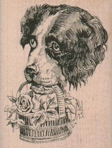Dog With Basket Of Flowers 2 1/2 X 3 1/4