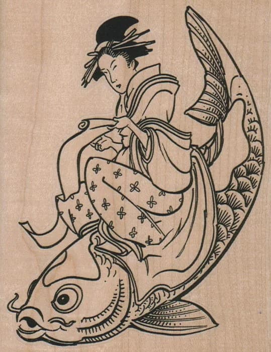 Geisha Riding Koi 3 3/4 X 4 3/4