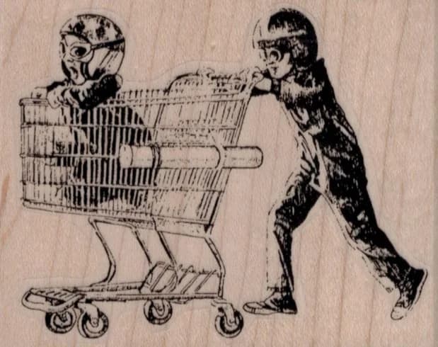 Boys Playing With Shopping Cart 3 1/4 X 2 1/2