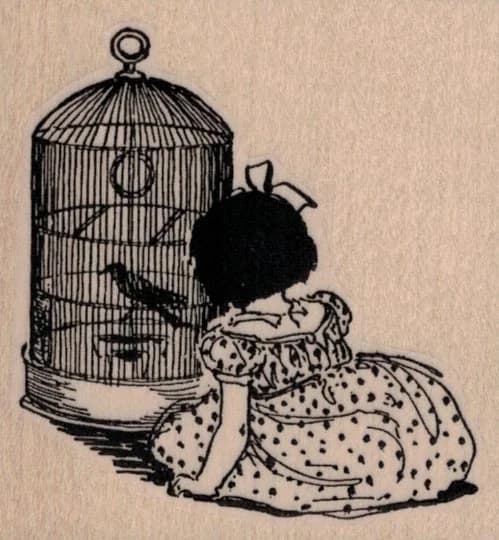 Girl With Bird Cage 2 3/4 X 2 3/4
