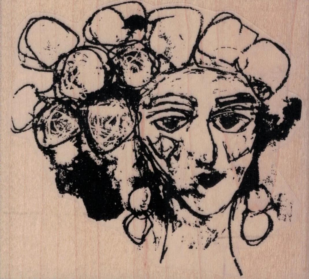 Tina Walker Scribble Girl With Curlers And Earrings 3 3/4 X 3 1/4