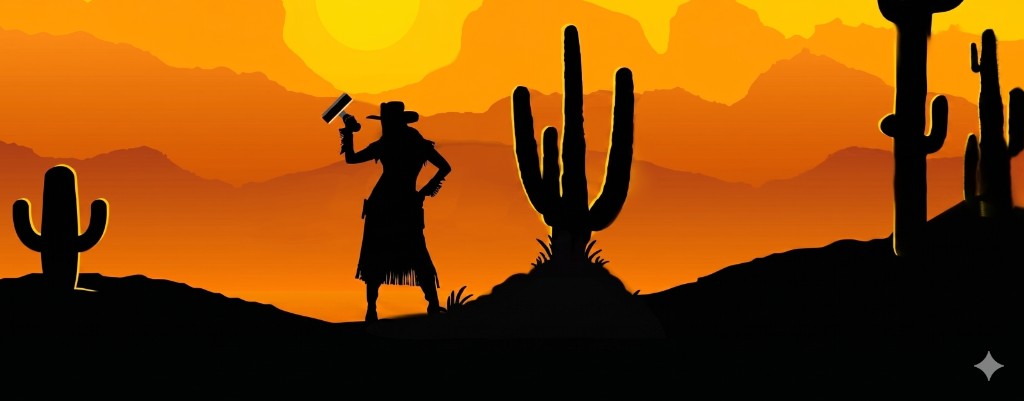 Wide desert sunset with cowgirl and saguaro silhouettes