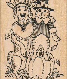 Dog And Cat Pilgrims On Pumpkin 2 3/4 x 4 1/4-0