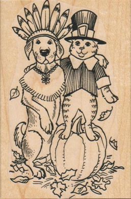 Dog And Cat Pilgrims On Pumpkin 2 3/4 x 4 1/4