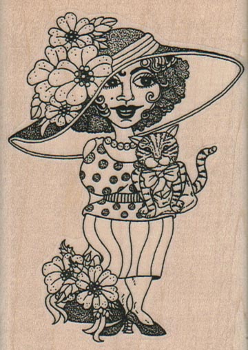 Red Hat Lady With Cat And Flowers 2 1/2 x 3 1/2