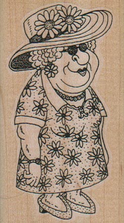 Smiling Lady In Flowered Dress And Hat 1 3/4 x 3