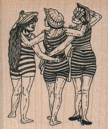 Three Girls In Striped Bathing Suits 2 1/2 x 3