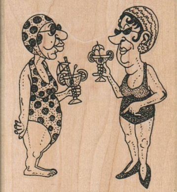 Two Bathing Suit Ladies With Drinks 2 3/4 x 3