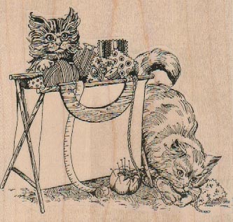 Cats With Sewing Basket 3 1/2 x 3 1/4