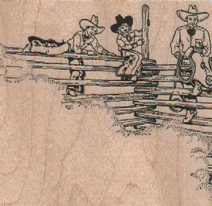 Cowpokes On Fence 4 1/4 x 3-0