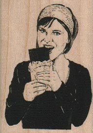 Lady Eating Chocolate Bar 2 x 2 3/4