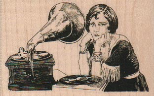 Lady Listening To Record 3 1/4 x 2